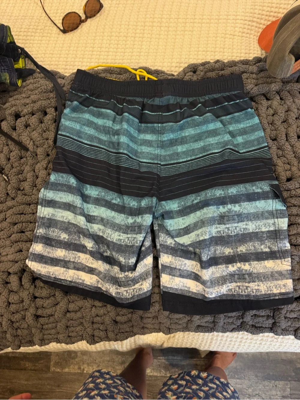 Banana Republic Blue & Black Striped Swim Shorts with Yellow Logo Patch